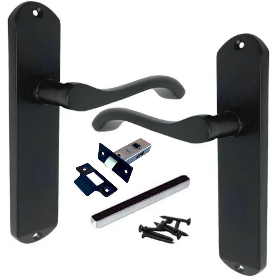 Black lever handle door hardware set with two matching wall plates, a latch, a bar, and several screws on a plain white background.