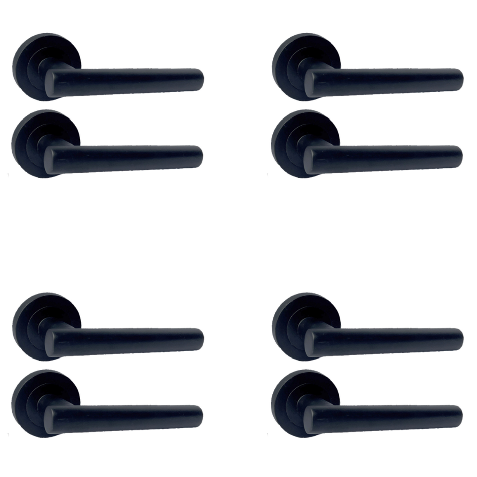 Matt Black T Bar Door Handles on Round Rose – Straight Lever – 1 to 10 Pair Packs