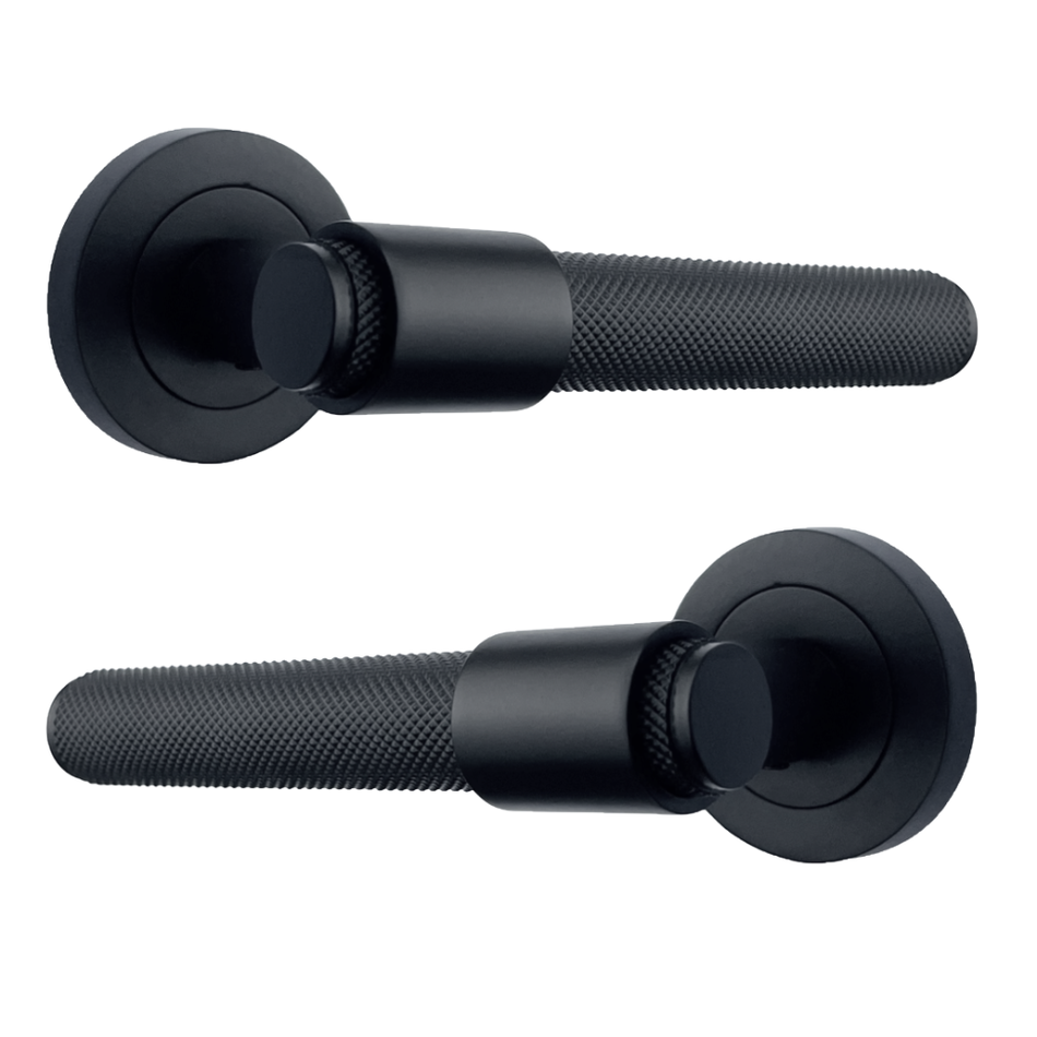 Matt Black Knurled Door Handles on Round Rose – Modern Internal Lever Handle