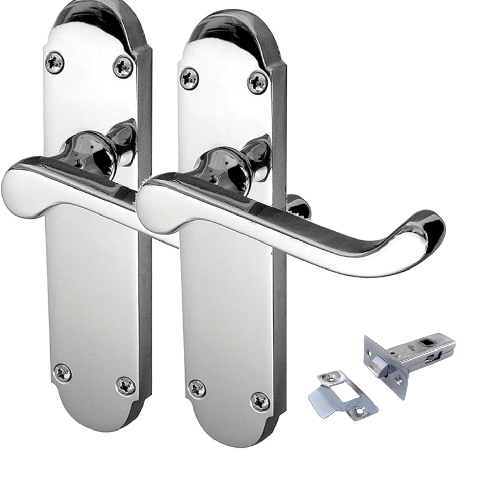 Polished Chrome Victorian Scroll Door Handles on Shaped Backplate – 170mm x 40mm + Tubular Latch