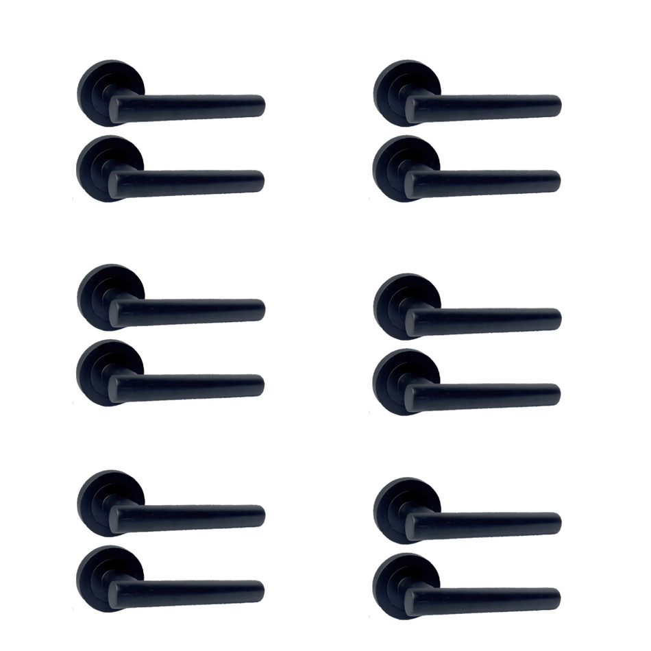 Matt Black T Bar Door Handles on Round Rose – Straight Lever Handle 6 Pairs