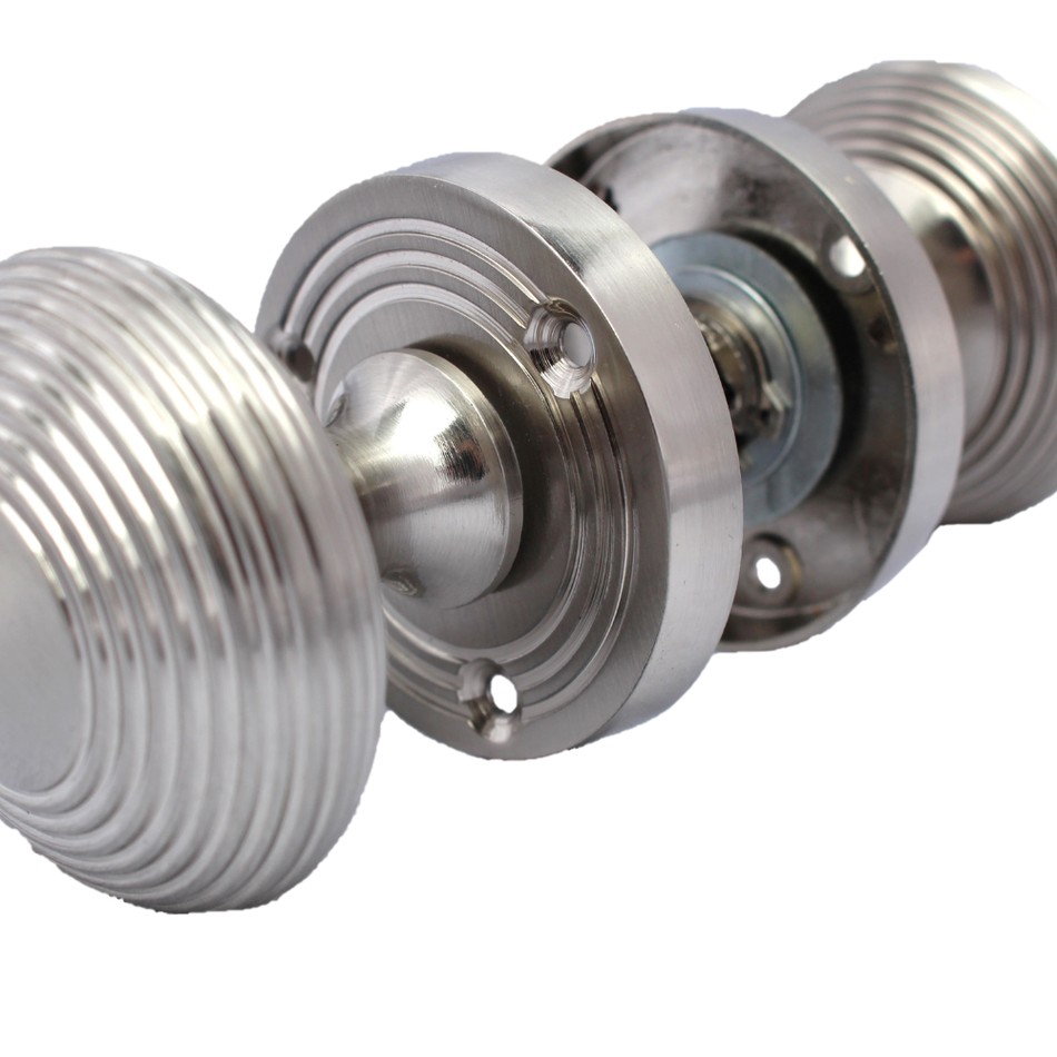 Satin Nickel Reeded Round Door Knobs – Sprung Mortice Door Knob Set – 60mm 1 Pair