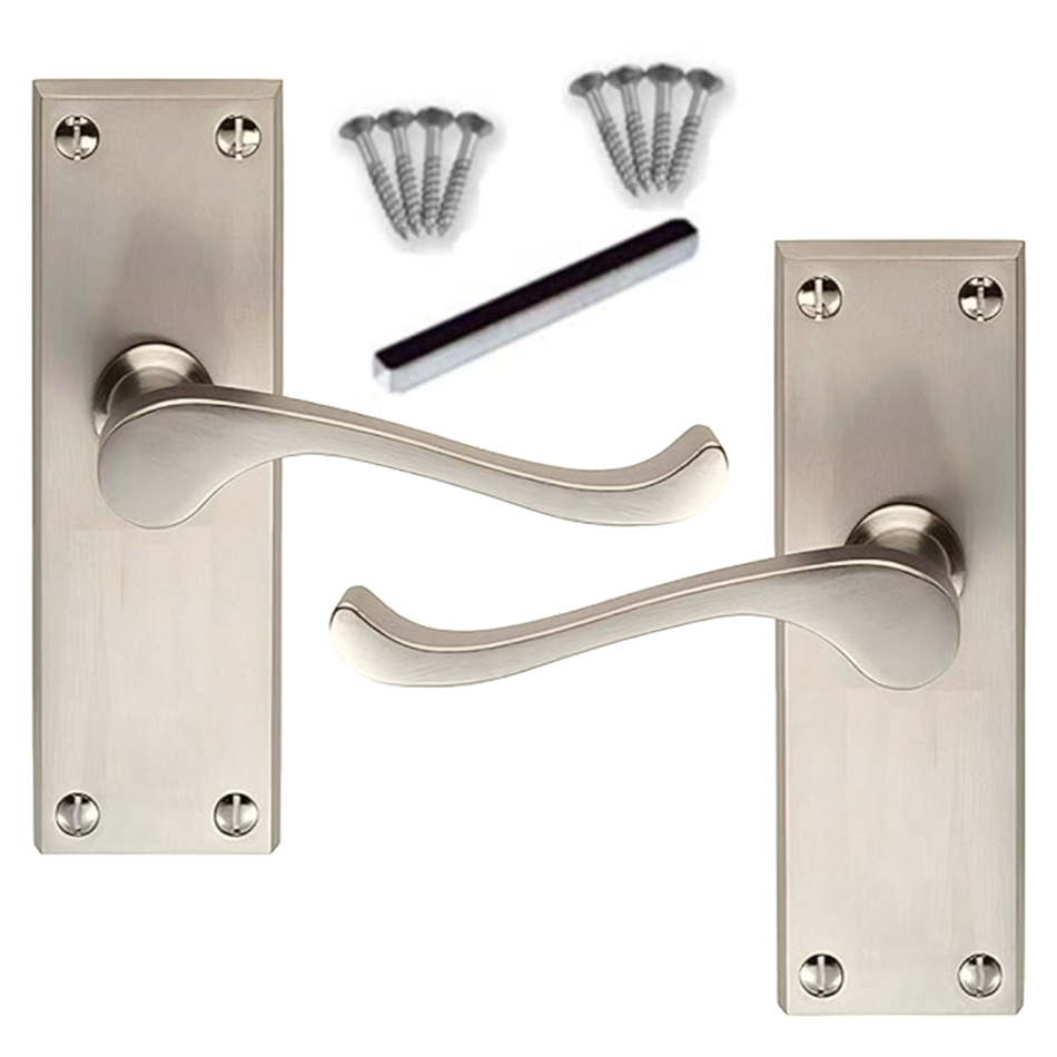 Satin Nickel Victorian Scroll Door Handles – Modern Lever Latch Handles on Backplate – 118mm x 42mm