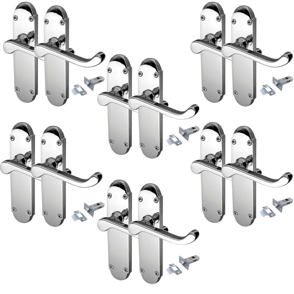 Polished Chrome Victorian Scroll Door Handles on Shaped Backplate – 170mm x 40mm + Tubular Latch 6 Pairs
