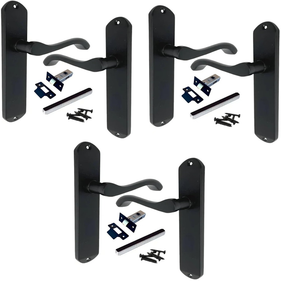 3 Pairs Matt Black Cadenza Victorian Scroll Door Handles with Tubular Latches – 178mm x 38mm
