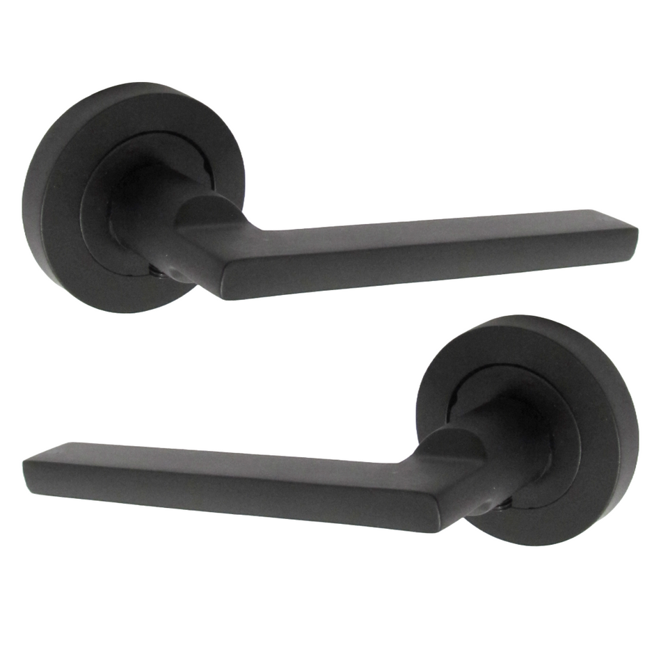 Matt Black Modern Lever on Round Rose Door Handles - 115mm handle with 52mm rose