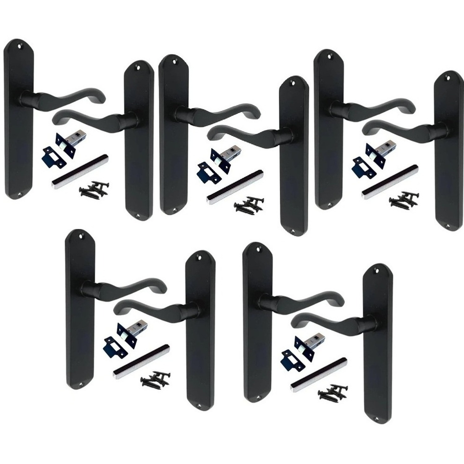 5 Pairs Matt Black Cadenza Victorian Scroll Door Handles with Tubular Latches – 178mm x 38mm