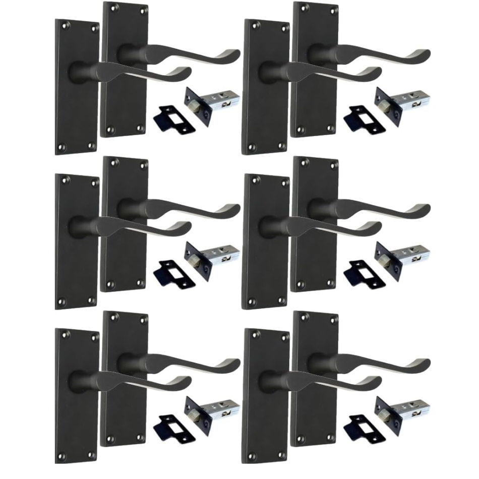 Matt Black Victorian Scroll Door Handles on Backplate – 118mm x 42mm 6 Pairs + Tubular Latches
