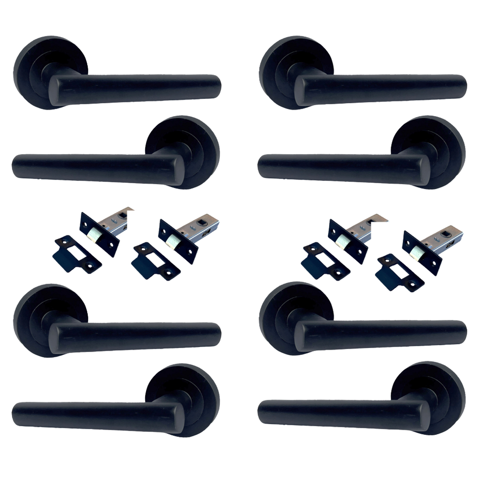 Matt Black T Bar Door Handles on Round Rose – Straight Lever Handle 4 Pairs + Tubular Latch