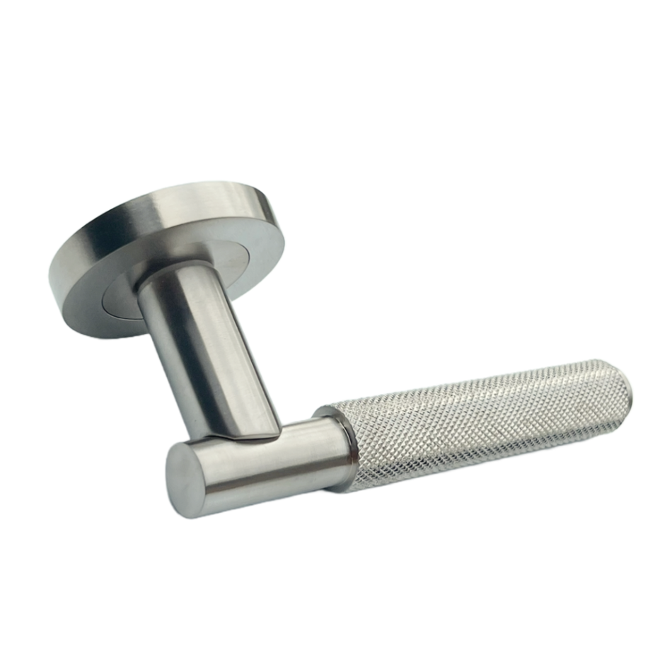 Satin Nickel Knurled Door Handles on Round Rose – Modern Internal Lever Handle
