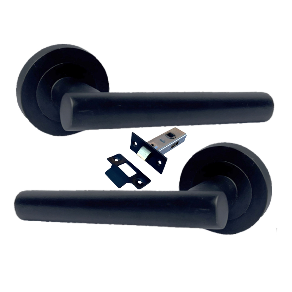 Matt Black T Bar Door Handles on Round Rose – Straight Lever Handle 1 Pair + Tubular Latch