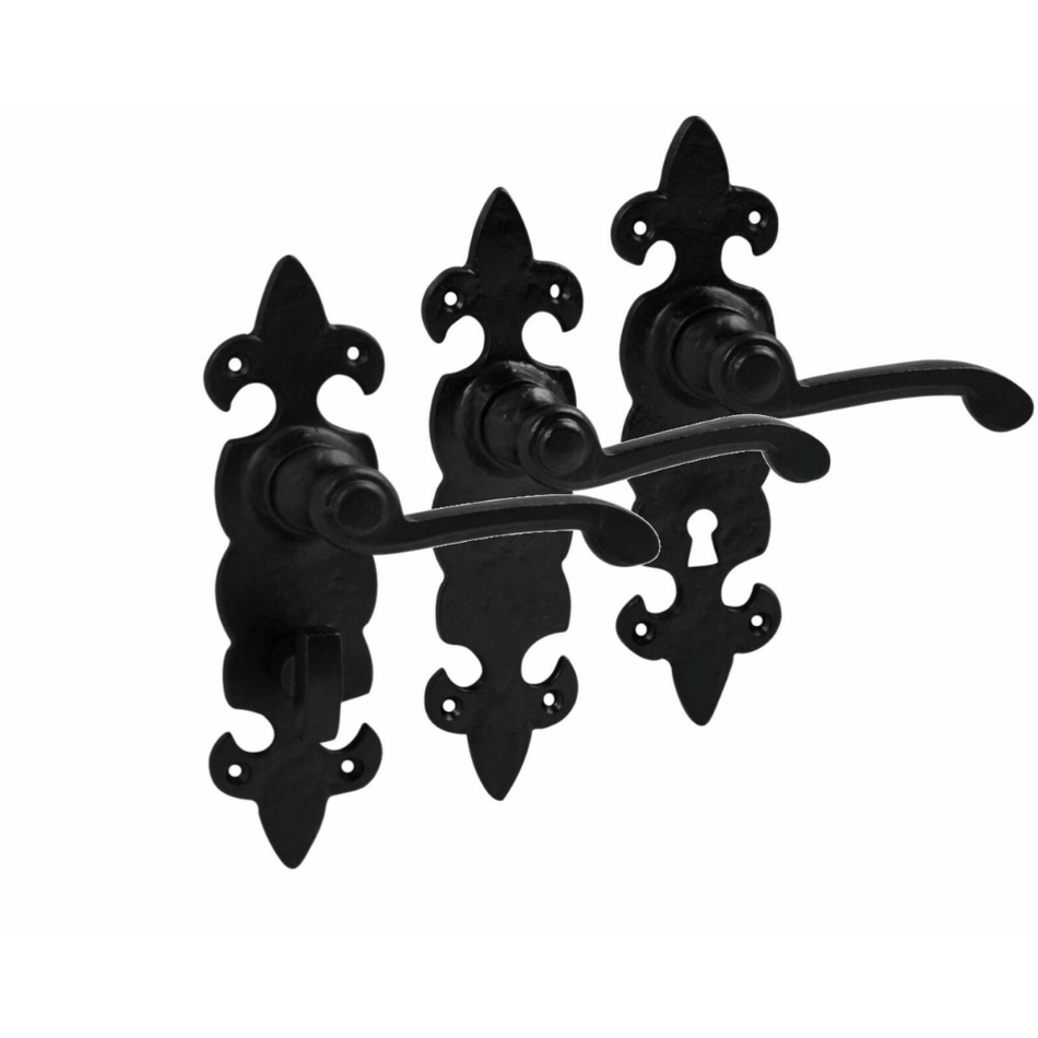 Black Cast Iron Fleur-de-Lys Door Handles – Lever Latch, Bathroom Lock & 3 Lever Lock Sets