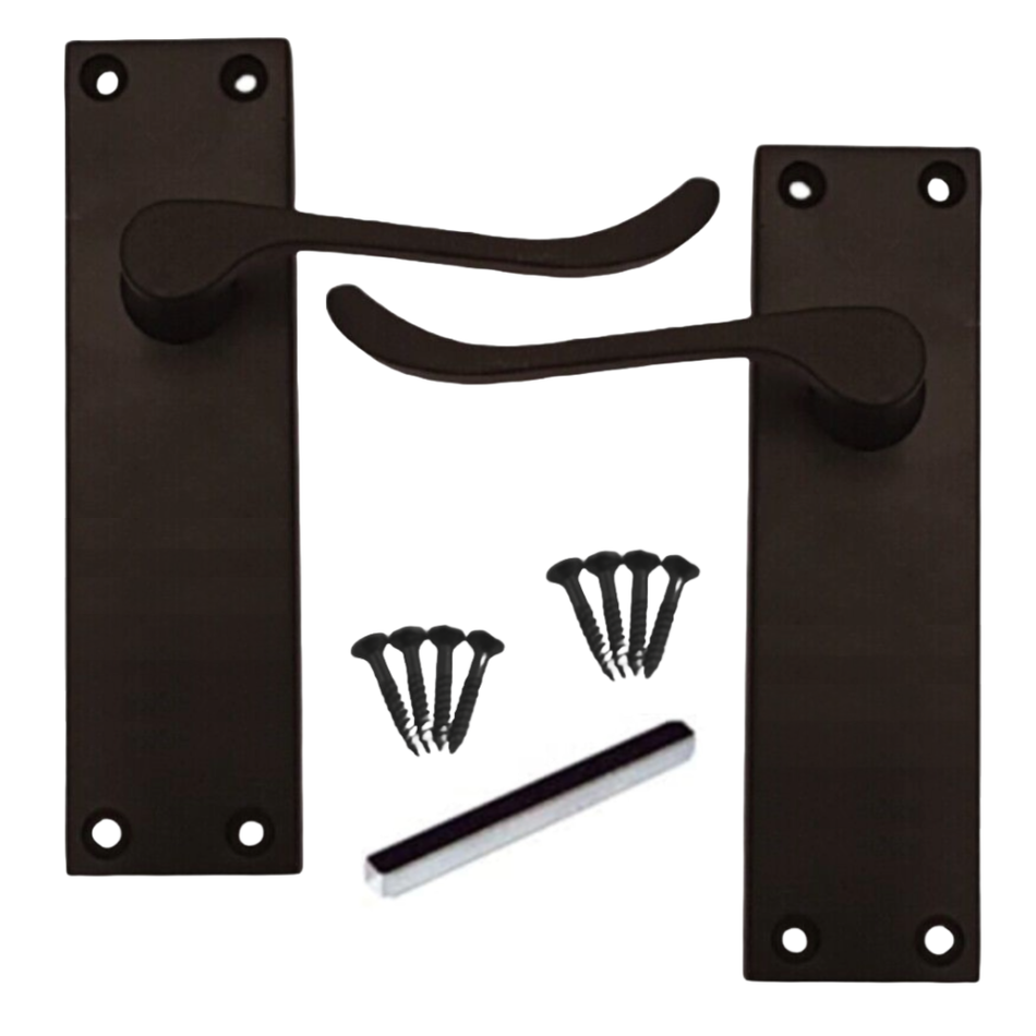 Matt Black Victorian Scroll Door Handles on Backplate – Handle Only or Handle + Tubular Latch – 150mm x 42mm