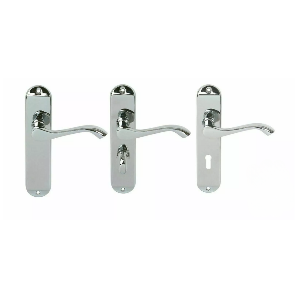 Cadenza Victorian Scroll Door Handles Polished Chrome – Lever Latch, Bathroom Lock & 3 Lever Lock Sets