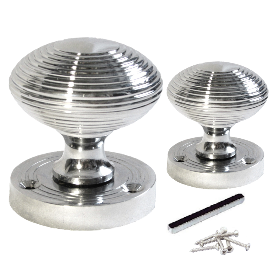 Polished Chrome Reeded Round Door Knobs with Tubular Latch – 1, 4 & 6 Pair Packs