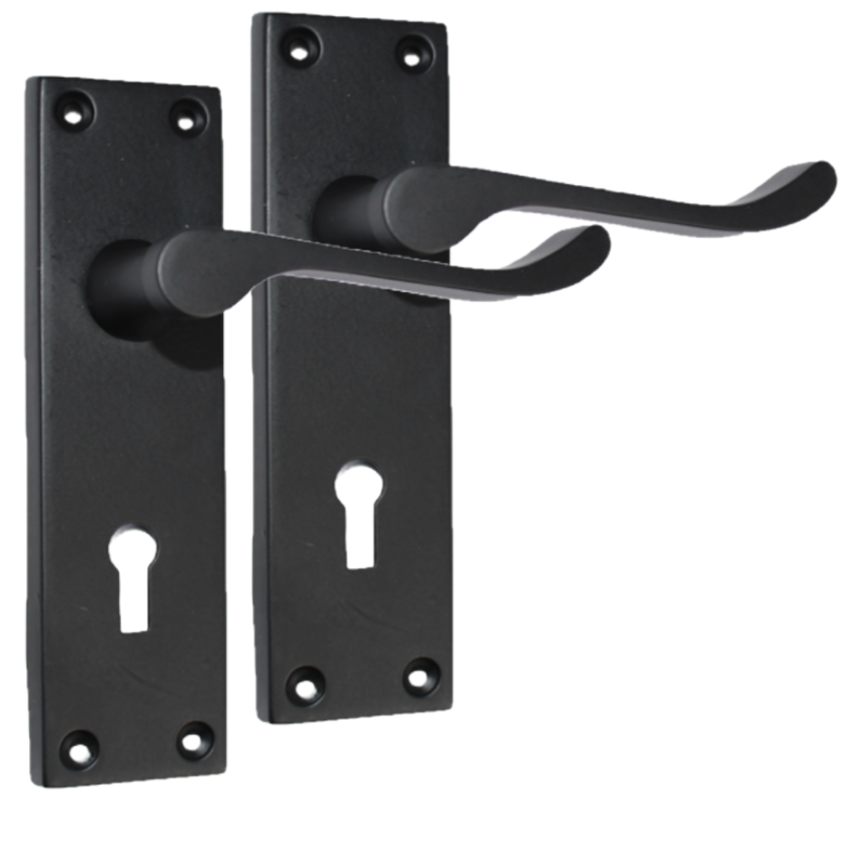 Matt Black Victorian Scroll Door Handles – Handle Only, Handle + Lock or Lock Only – 150mm x 43mm