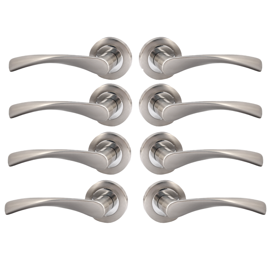 EDH Duo Twist Door Handles – Satin Chrome Lever on Round Rose – Modern Internal Door Handles 4 Pairs