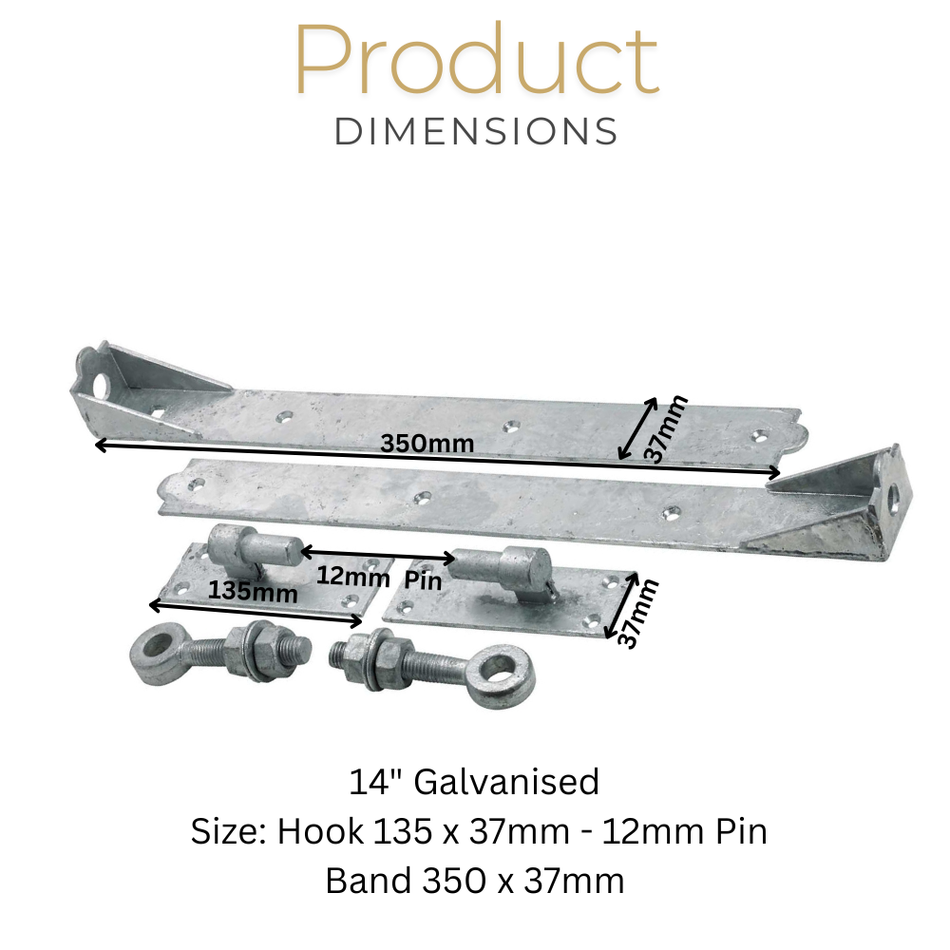 14" Galvanised Adjustable Hook & Band Gate Hinges Heavy Duty 350mm Pair
