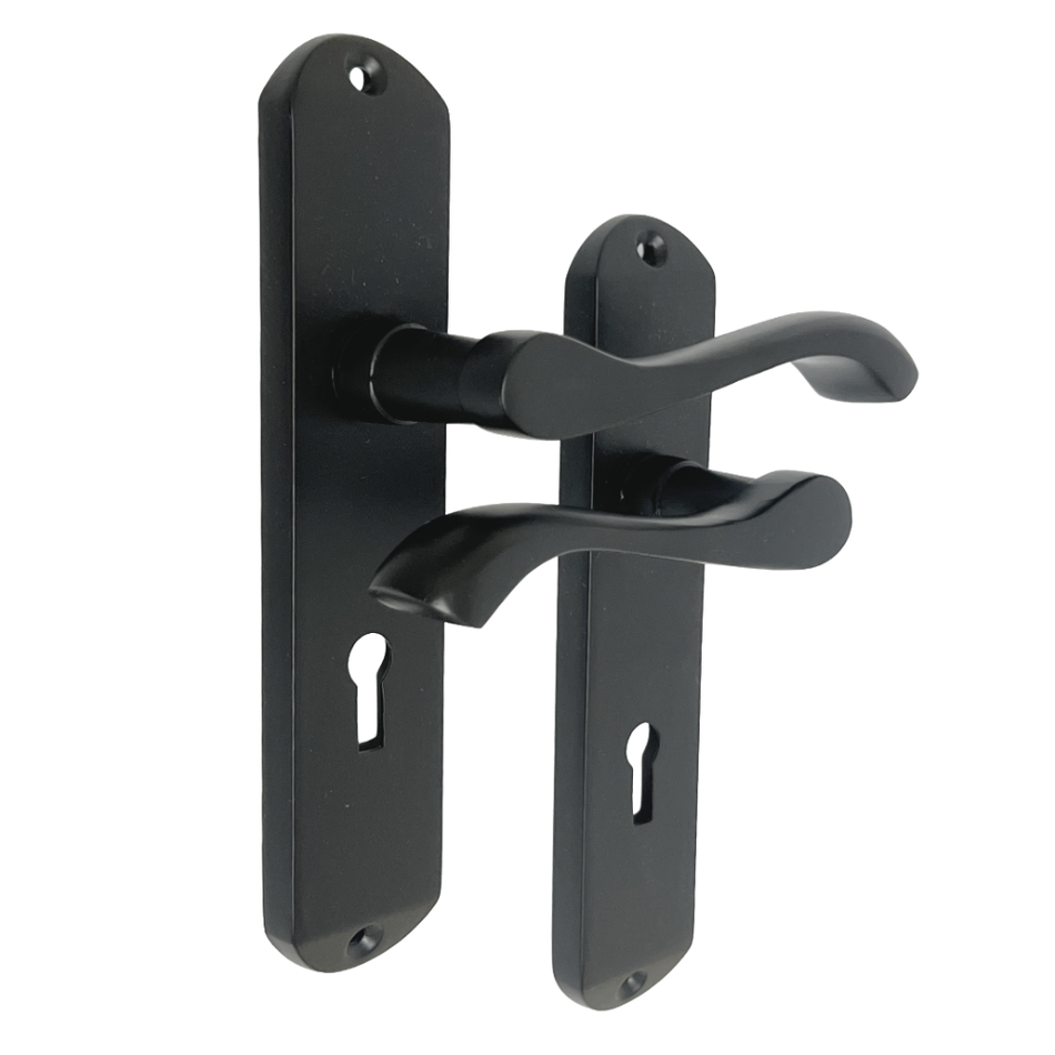 Cadenza Door Handles Set Black Victorian Scroll Lever Lock Handle 178mm x 40mm