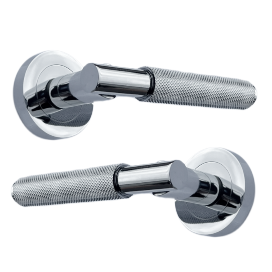Polished Chrome Knurled Door Handles on Round Rose – Handle Sets