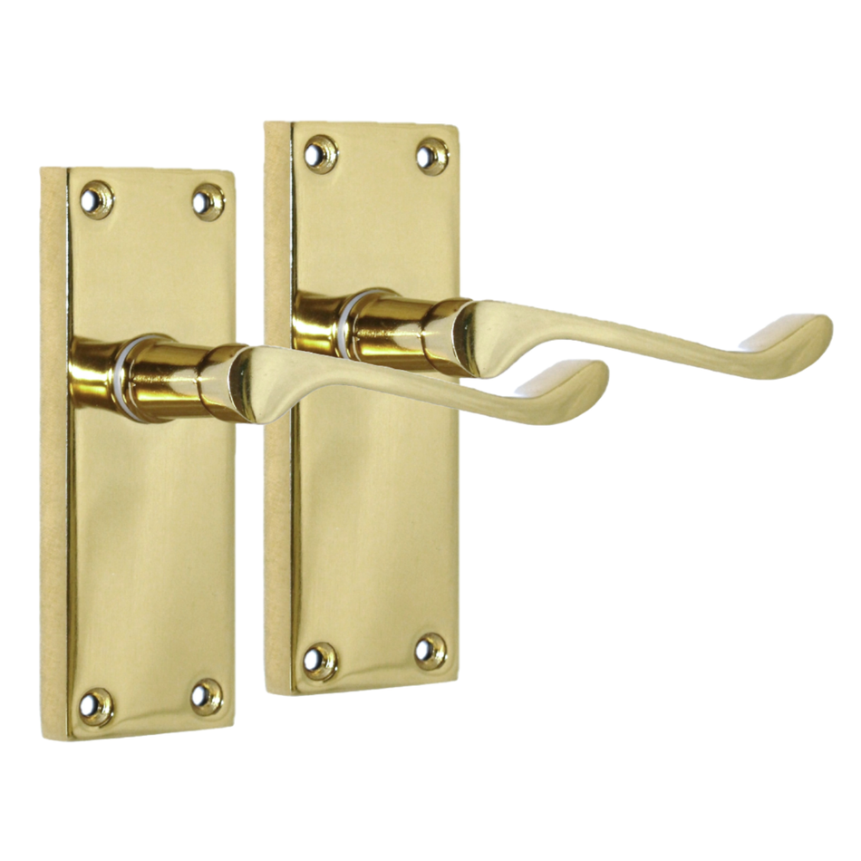 Brass Plated Victorian Scroll Door Handles – Modern Lever Latch Handles on Backplate – 118mm x 42mm