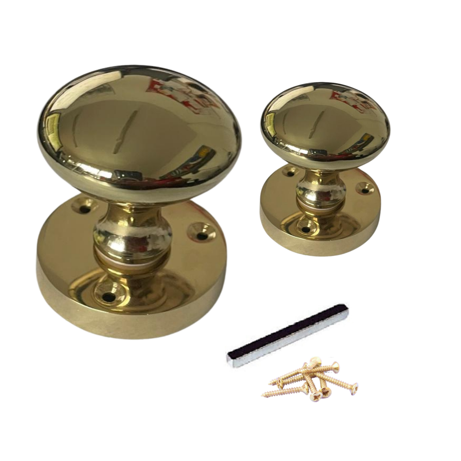 Polished Brass Round Door Knobs on Rose – Modern Internal Mortice Door Knob Set – 1 Pair