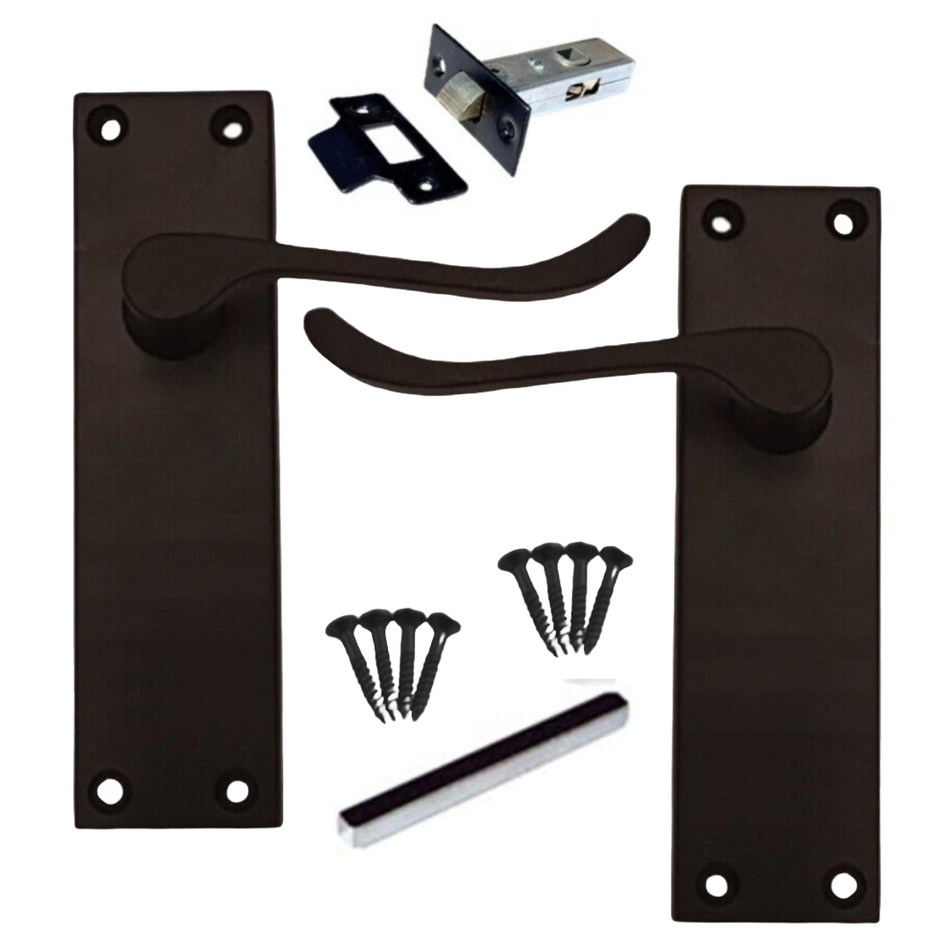 Matt Black Victorian Scroll Door Handles on Backplate – Handle Only or Handle + Tubular Latch – 150mm x 42mm