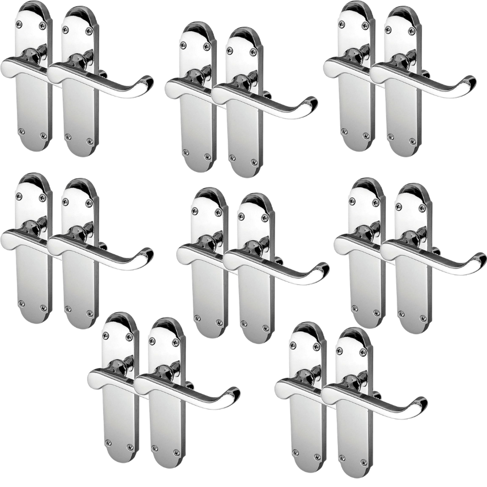 8 Pair Pack Polished Chrome Victorian Scroll Door Handles on Shaped Backplate – Lever Latch – 169mm x 40mm