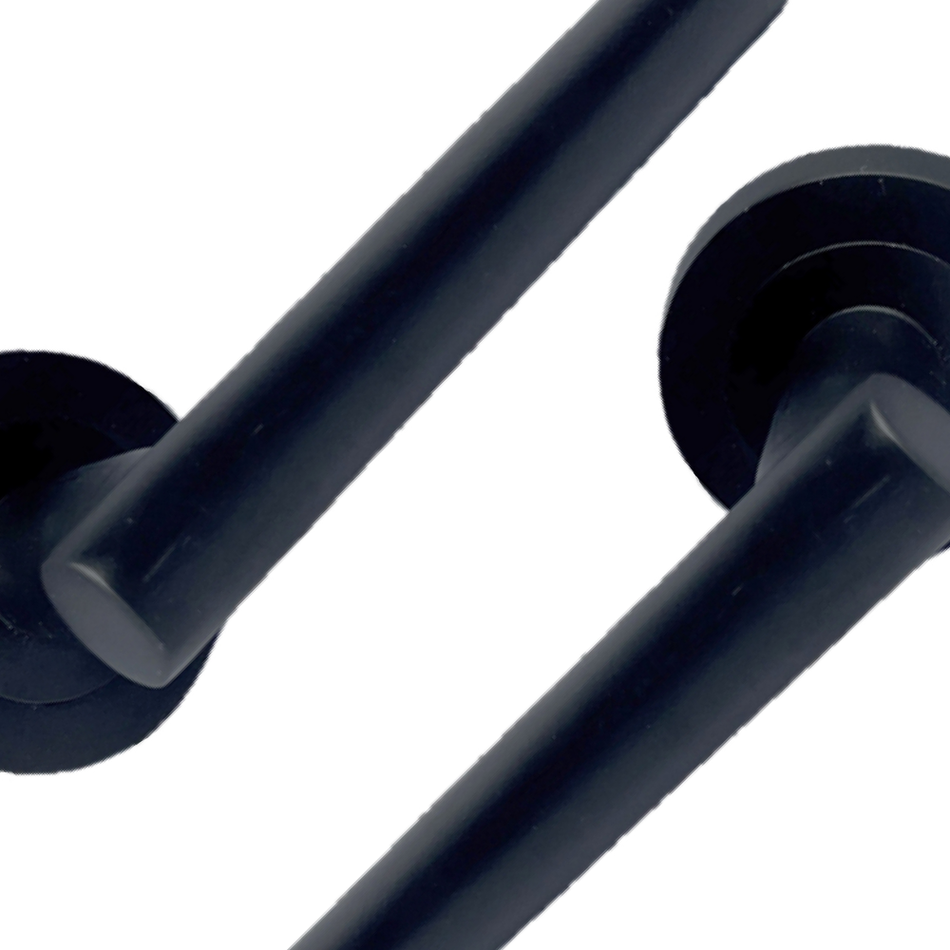 Matt Black T Bar Door Handles on Round Rose – Straight Lever Handle 6 Pairs