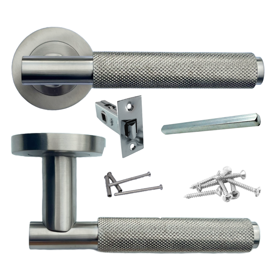 Satin Nickel Knurled Door Handles on Round Rose – Modern Internal Lever Handle Sets