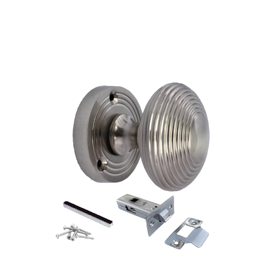 Satin Nickel Reeded Round Door Knobs – Sprung Mortice Door Knob Set – 60mm 1 Pair + Tubular Latch