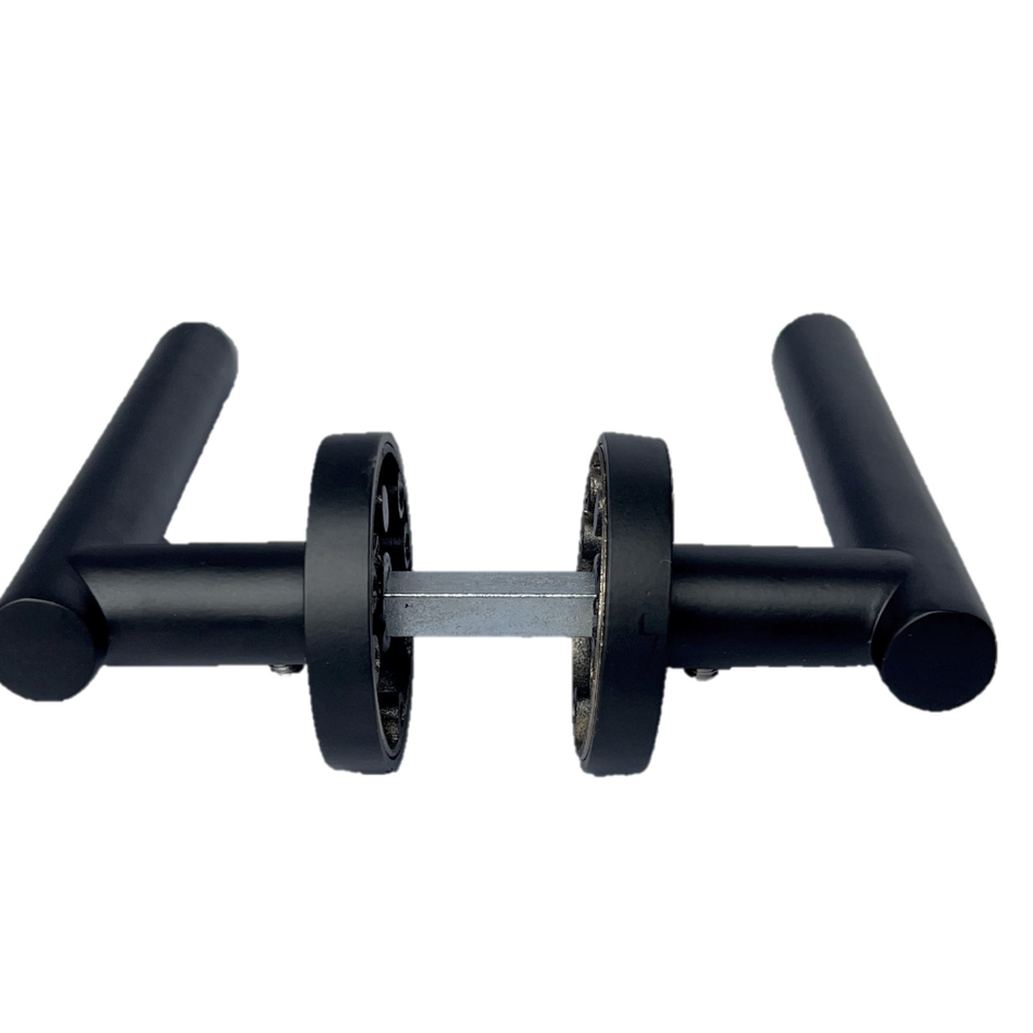 Matt Black T Bar Door Handles on Round Rose – Straight Lever Handle 4 Pairs + Tubular Latch