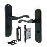 Cadenza Modern Matt Black Scroll Door Handles Bathroom Lock Handle 178mm x 40mm