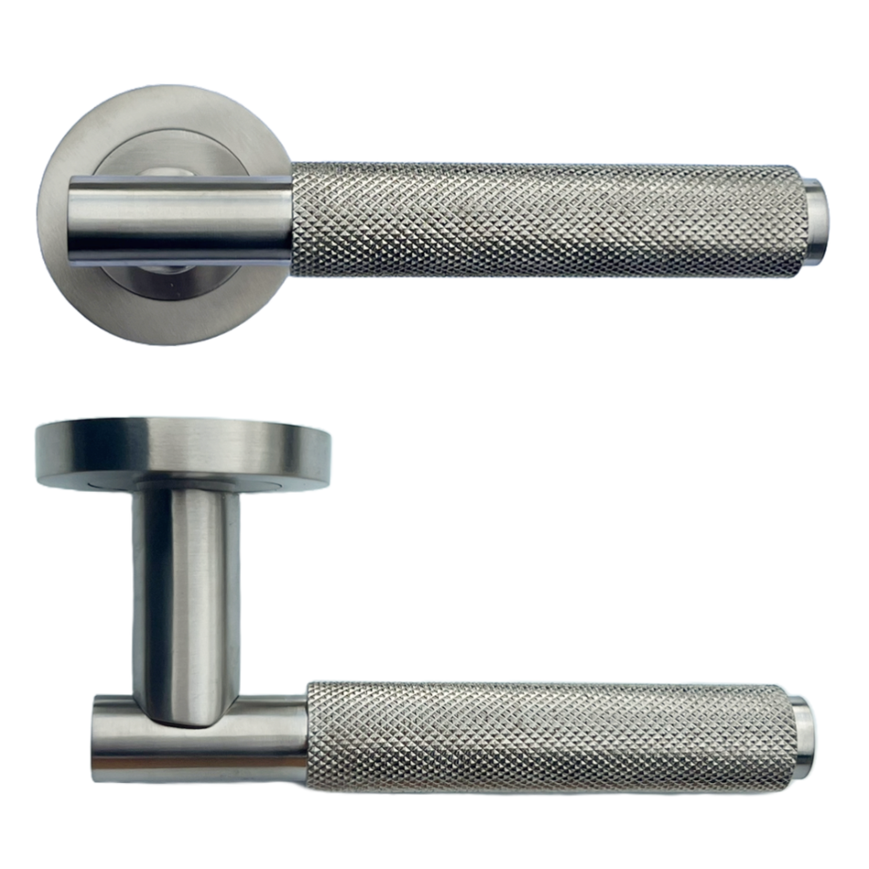 Satin Nickel Knurled Door Handles on Round Rose – Modern Internal Lever Handle