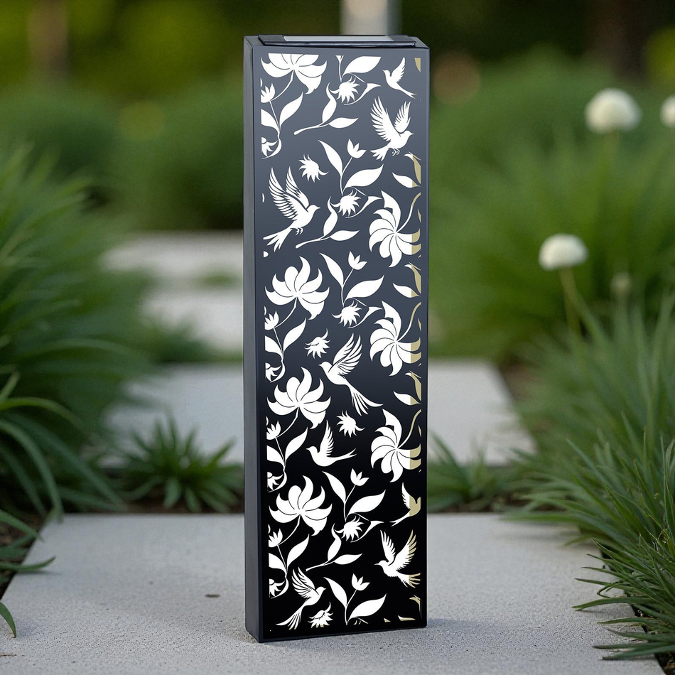 Narrow Solar Wall Panel with Birds – Outdoor Metal Wall Art with LED Light – Garden & Fence Décor 60cm