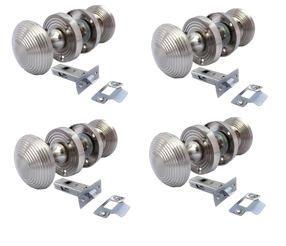 Satin Nickel Reeded Round Door Knobs – Sprung Mortice Door Knob Set – 60mm 4 Pairs + Tubular Latches