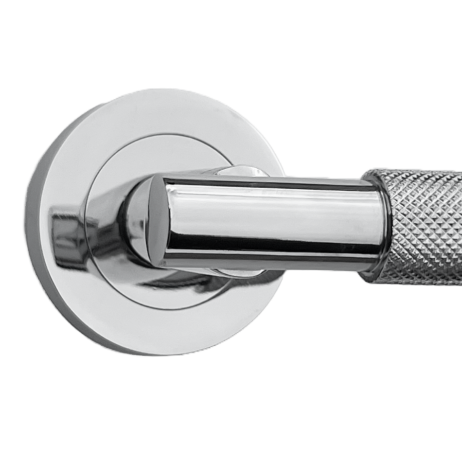 Polished Chrome Knurled Door Handles on Round Rose – Modern Internal Lever Latch Handles