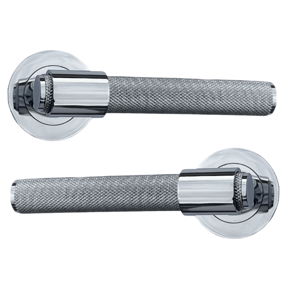 Polished Chrome Knurled Door Handles on Round Rose – Modern Internal Lever Handle