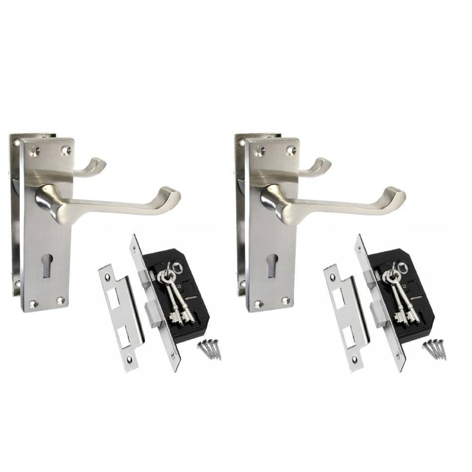 Satin Nickel Victorian Scroll Lock Door Handles + 3 Lever Mortice Sash Locks – 2 Pair Set