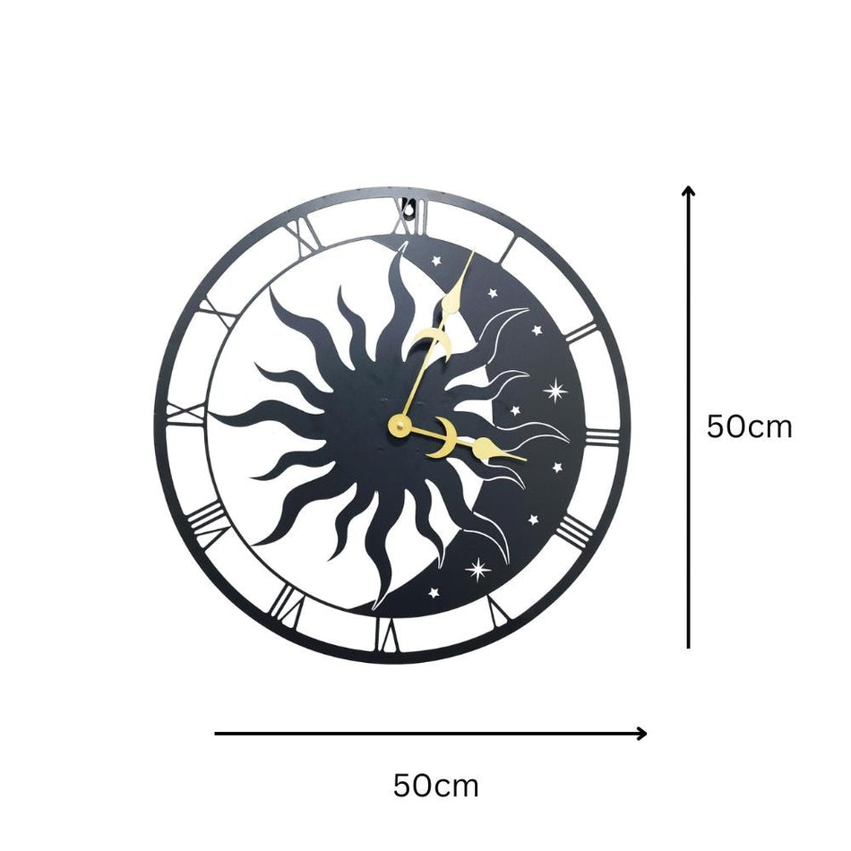 Sun & Moon Silhouette Wall Clock (50cm x 50cm x 2cm) – Large Metal Decorative Indoor and  Outdoor Clock for Garden, Living Room and Patio