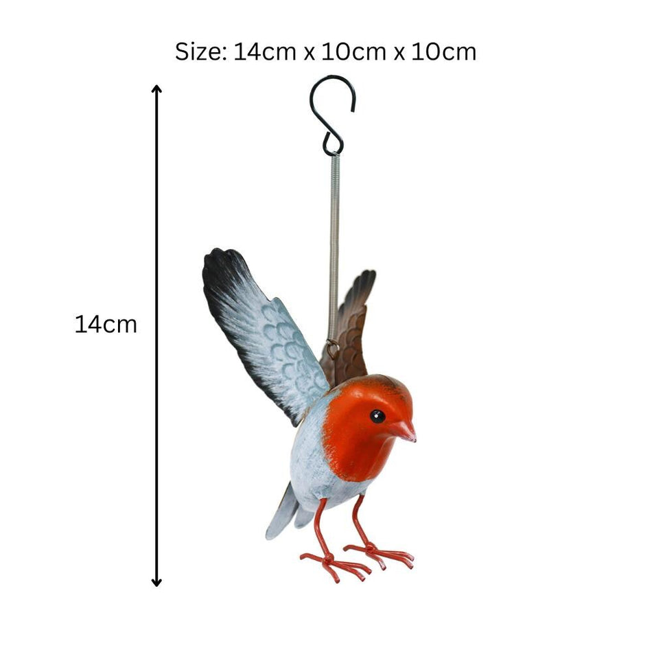 Small Metal Hanging Robin (14cm x 10cm x 10cm) – Handcrafted Weather-Resistant Bird Ornament – Decorative Hanging Robin Sculpture for Garden