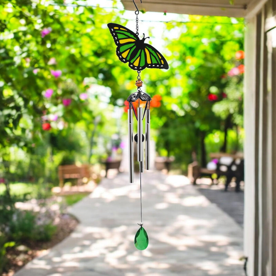 Suncatcher Green Butterfly Wind Chime (58cm x 14cm x 6cm) – Handmade Metal & Glass Hanging Chime – Outdoor Garden Ornament