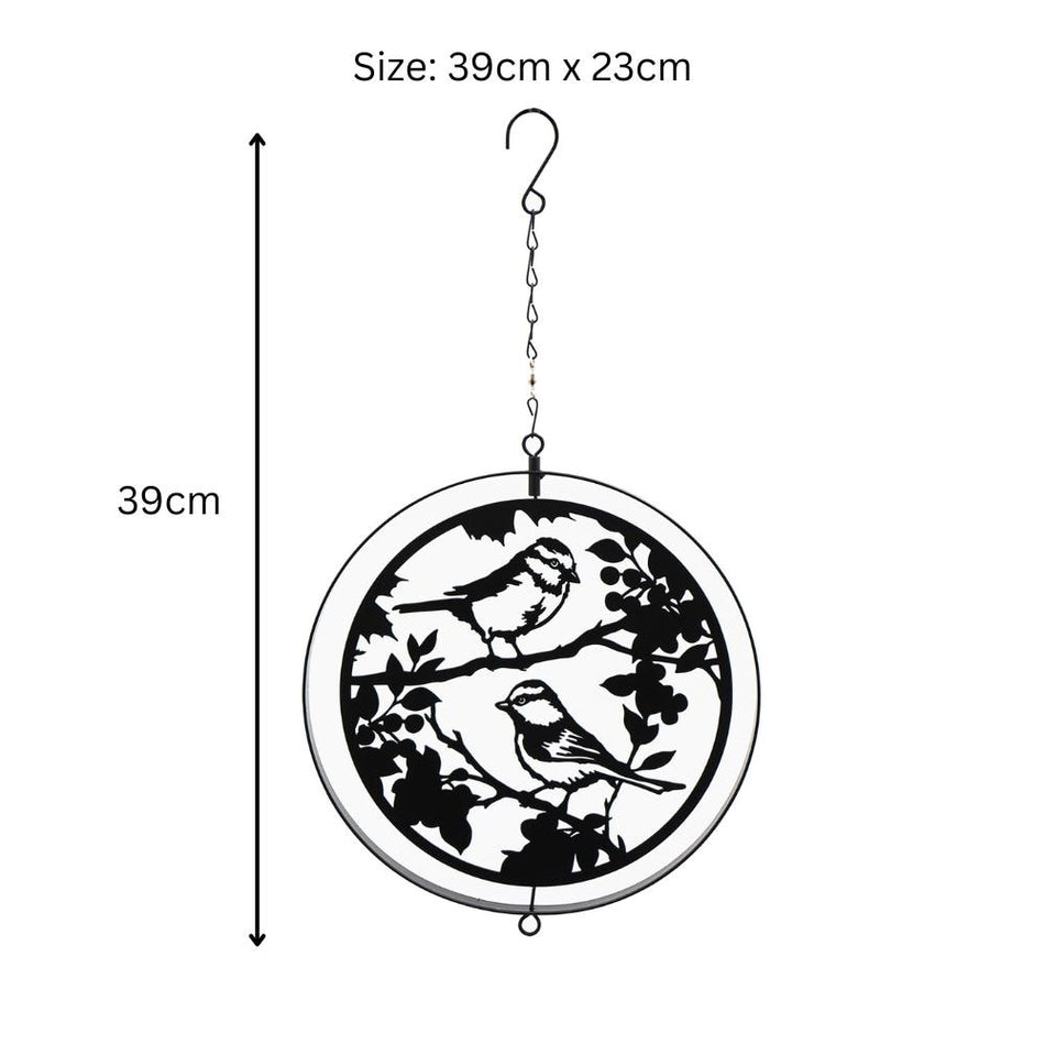 Black Metal Blue Tit Hanging Silhouette Orbit Spinner – 39cm x 23cm | Elegant Garden & Patio Décor | Wind Spinner for Outdoor Spaces