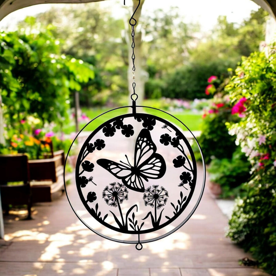 Black Metal Butterfly Hanging Silhouette Orbit Spinner – 39cm x 23cm | Elegant Outdoor Garden Décor | Wind Spinner for Patios, Gardens