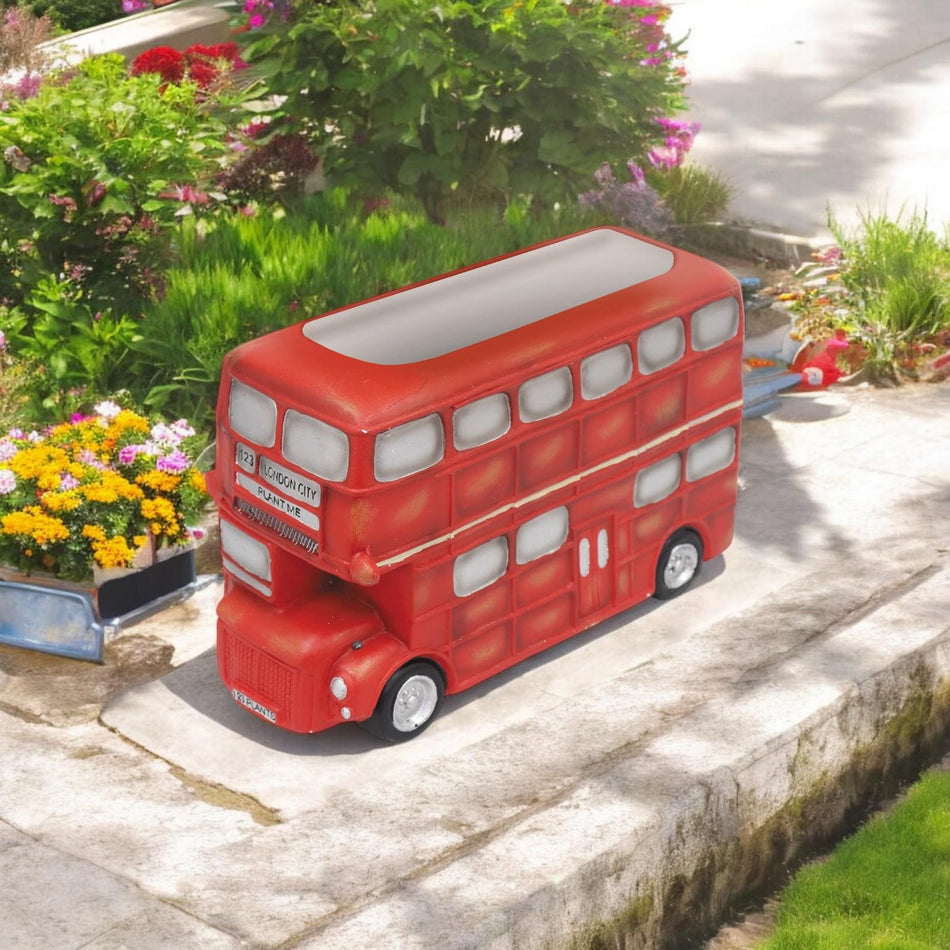 Resin London Bus Planter – 14cm x 11cm x 27cm | Iconic Red Double-Decker Flower Pot for Indoor & Outdoor Décor