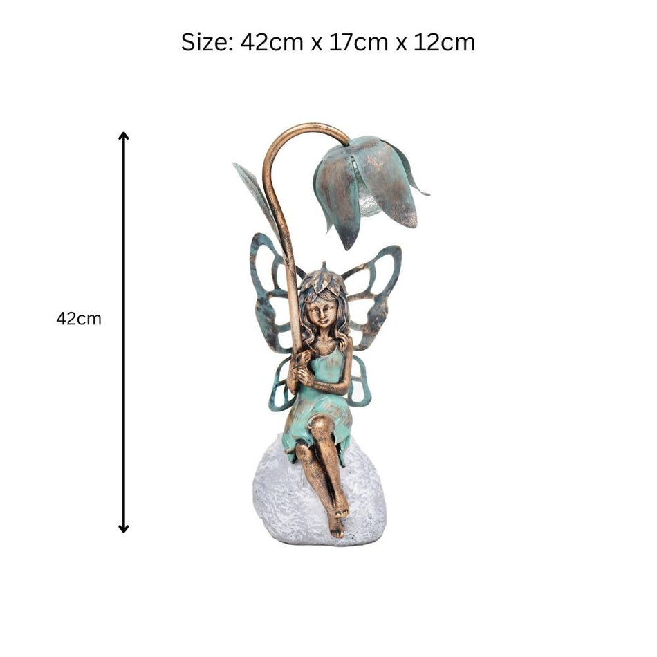 Epsom Door Handle Sitting Resin Fairy Solar Petal Light – 42cm x 17cm x 12cm | Enchanting Outdoor Garden Ornament with Solar LED Glow