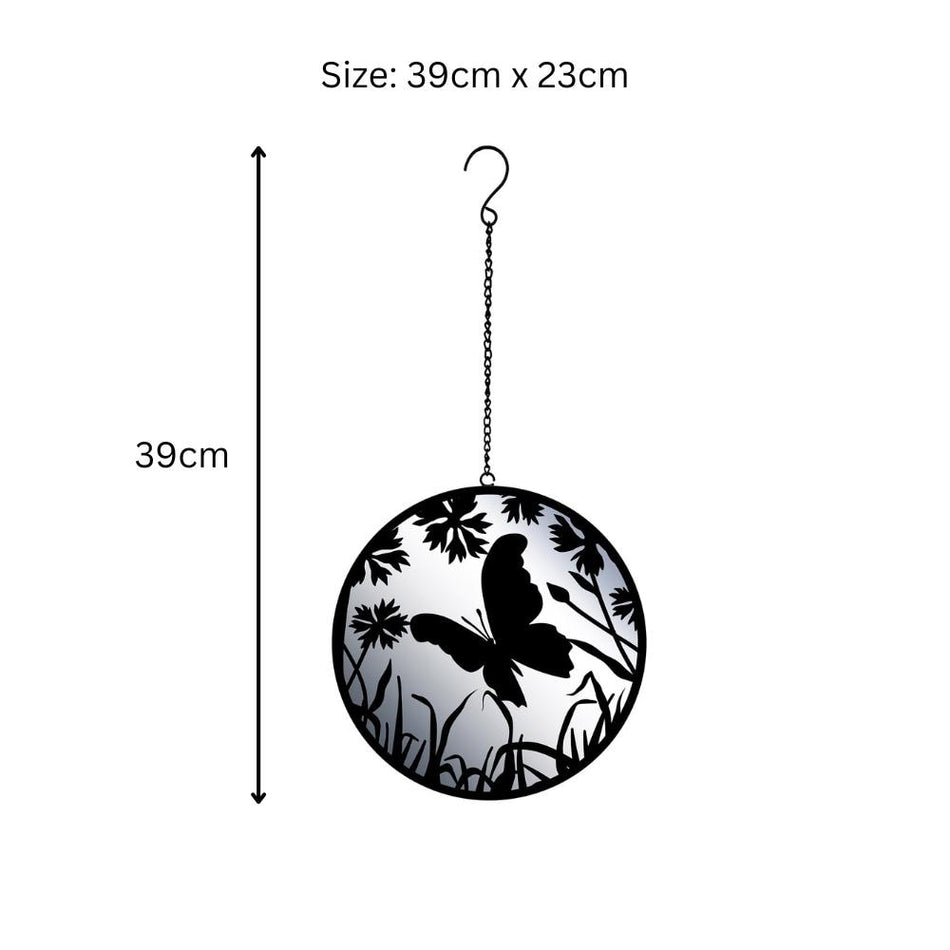 Black Butterfly Hanging Mirror Silhouette – 39cm x 23cm | Metal Wall Art & Garden Décor | Reflective Hanging Butterfly Ornament