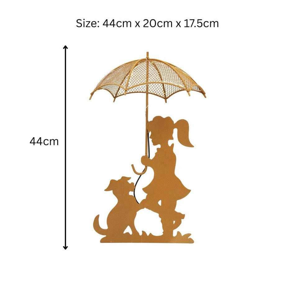 Rustic Girl & Dog Silhouette with Solar Umbrella – 44 x 20 x 17.5 CM | Outdoor Metal Garden Statue with Soft Solar Lighting