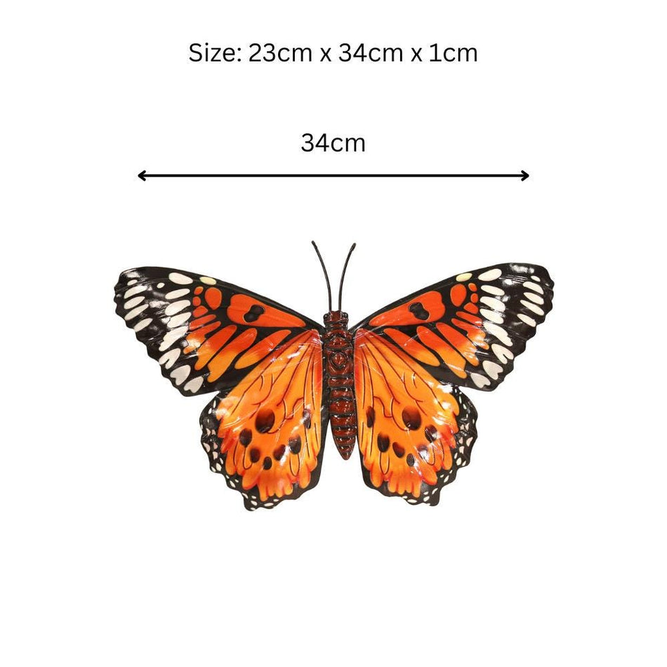 Medium Metal Orange Butterfly Wall Art – 23 x 34 x 1 CM | 3D Hand-Painted Metal Butterfly Decoration | Weatherproof Indoor & Outdoor