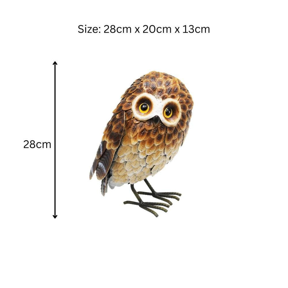 Small Metal Standing Brown Owl – 28 x 20 x 13 CM | Rustic Garden Owl Ornament | Handcrafted